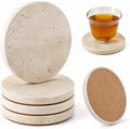 JOLENE.K Absorbent Natural Travertine Marble Drink Drink Mats, Set of 4-4-Inch Round Stone Drink Mat Set - Non-Slip Cork Backing, Spot & Mark Resistant Table Protectors - Tufa Natural Color by JOLENE.K