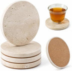 JOLENE.K Absorbent Natural Travertine Marble Drink Drink Mats, Set of 4-4-Inch Round Stone Drink Mat Set - Non-Slip Cork Backing, Spot & Mark Resistant Table Protectors - Tufa Natural Color by JOLENE.K