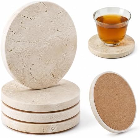JOLENE.K Absorbent Natural Travertine Marble Drink Drink Mats, Set of 4-4-Inch Round Stone Drink Mat Set - Non-Slip Cork Backing, Spot & Mark Resistant Table Protectors - Tufa Natural Color by JOLENE.K