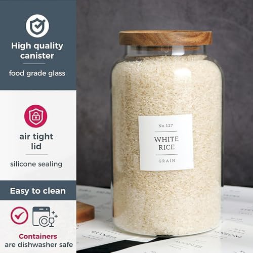 CZHQSMZ Set of 2 Large Glass Jar with Airtight Acacia Lid and 132 Kitchen Pantry Labels, Clear Glass Food Storage Jars Containers for Rice Flour Pasta Sugar Coffee Cookie and More(98 Fl Oz/2800 Ml) - Image 4