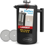 SterlingPro 1.75 L 59 oz Black Extra Large French Press Coffee Maker and 2 Pack Replacement Screens Bundle Stainless Steel Double Wall Insulated for Tea and Coffee by SterlingPro