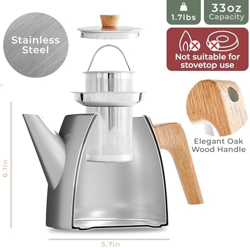 WALDWERK Tea Pot with Infuser - Double Wall Stainless Steel Teapot - Tea Pot with Infuser for Loose Tea - Made from 304 Stainless Steel and Oak Wood - Isolated Teapot with Strainer - 100% Drip Free - Image 6