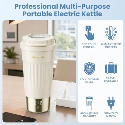 Travel Electric Kettle Portable Water Boiler,13.53oz Small Tea Maker with 6 Temp Settings LCD Display,316 Stainless Steel Vacuum Insulated Tumbler,100V-240V,Travel Gifts for Men(Beige) - Image 4