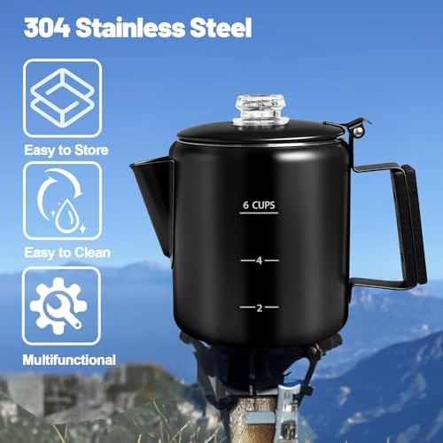 6 Cup Percolator 304 Stainless Steel Coffee Pot Coffee Maker Coffee Machine with Solid Wood Handle Transparent Knob Stovetop Greca Mocha for Induction Home and Camping 1000ml 33.8oz Black - Image 4