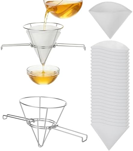 Cooking Oil Filter,Syrup Cone Filters Kit with 10 in Stainless Steel Cone Holder Fryer Strainer, 1 Thick Reusable Filter with Pre-Cut Slots and 24 Disposable Pre-Filters for Maple Sap Honey Milk by TIMCORR