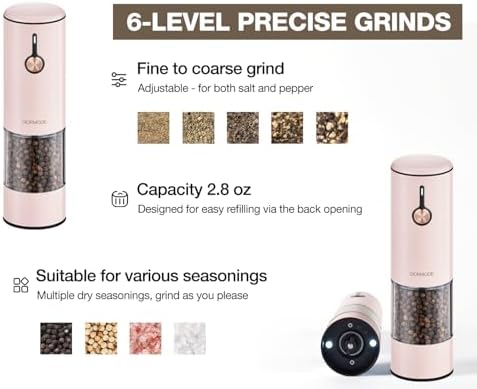 Electric Pepper Grinder and Salt Mill Set - Large Capacity USB Rechargeable Automatic Grinder with Dual LED Lights, One-Handed Operation & Slide Cover - Brushed Stainless Steel - Image 6