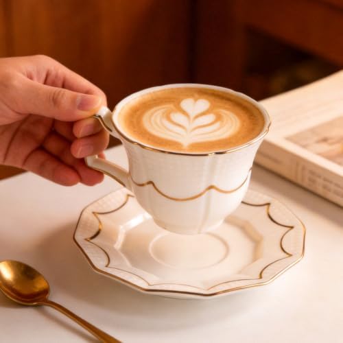 Tea Cups and Saucers Set of 2, 6.4oz Stackable Porcelain Coffee Cup, YFH12 - Image 3