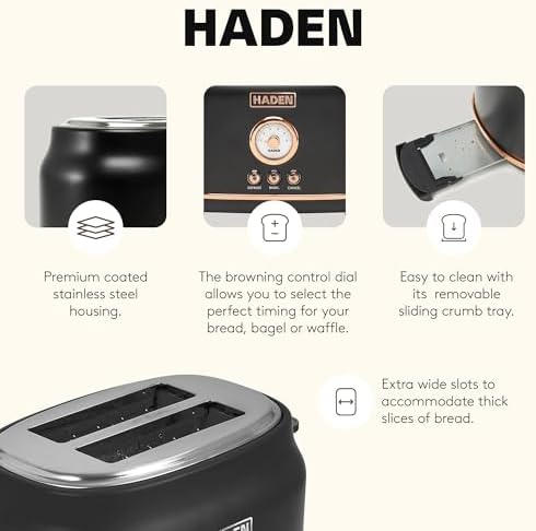 Haden Dorset 2-Slice Wide-Slot Toaster, Stainless-Steel Bread Toaster with Adjustable Browning Control, Crumb Tray & Non-Slip Feet, Black & Copper - Image 3