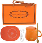 STOBAZA Electric Coffee Mug Warmer with Ceramic Travel Mug Set, USB 5v Auto Shut-Off Drink Heater for Office Desk, Portable Beverage Warmer Suitable for Home and Travel Use, Orange by EaseLiving