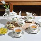 Sweejar Porcelain Tea Set Vintage Floral, British Relief Gold Rim Teapot Cup and Saucer Sets, 22-Piece Tea Sets for Adults, with Teapot, Sugar Bowl, Milk Jug, Spoons, Cup and Saucer (Camellia) - Image 5