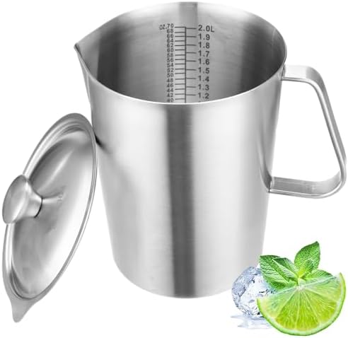 Stainless Steel Pitcher with Lid, 2 L/70 oz Measuring Cup with Dual-Scale Markings, Milk Frothing Jug, Large Beaker for Espresso Machine, Hot/Cold Water, Latte Art, Iced Tea, Coffee Drinks by Toyosport