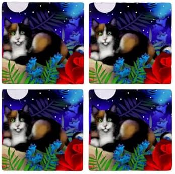 CafePress CALICO CAT MOON GARDEN Tumbled Stone - Set of 4 Coasters Set of 4 w/holder - Image 4