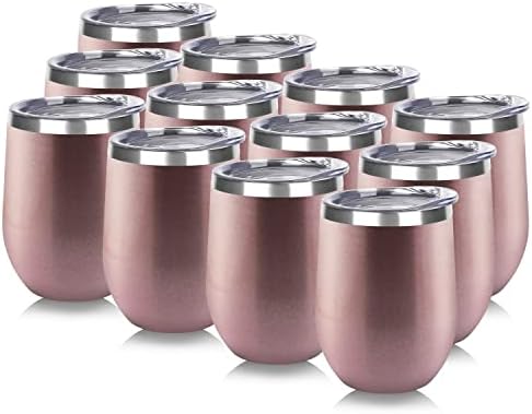 DOMICARE Stainless Steel Wine Tumbler Bulk with Lid, Personalized Rose Gold Insulated Tumblers Set, 12oz Travel Coffee Cups Pack of 12 by VisittheDOMICARE