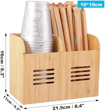 Cup and Lid Holder, Cup Dispenser with Coffee Pods Stand & Straw Organizer, Coffee Bar Organizer for Countertop, Disposable Cups Holder for Coffee Station, Bar, Home,Bamboo 07 - Image 2