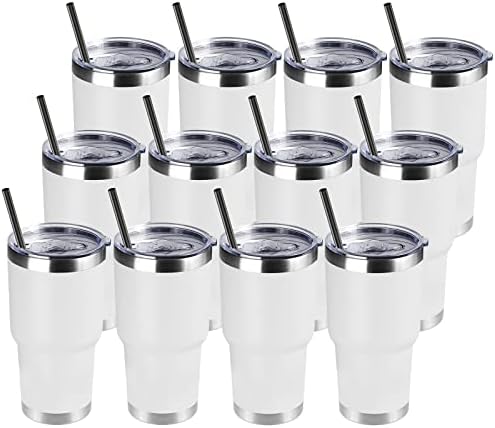DOMICARE 30 oz Tumbler with Lid and Straw, Stainless Steel Tumblers Bulk, Insulated Vacuum Double Wall Travel Coffee Mug, Durable Powder Coated Tumbler Cups (White, 12) by VisittheDOMICARE