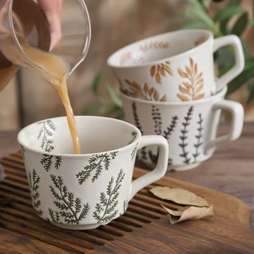 4 Pack 12oz Embossed Leaf Ceramic Coffee Mugs, Vintage Speckled Stoneware Tea Cups, Rustic Brown Spring Leaf Large Drinking Mugs, Microwave & Dishwasher Safe, Farmhouse Kitchen Decor, Gift Set - Image 3