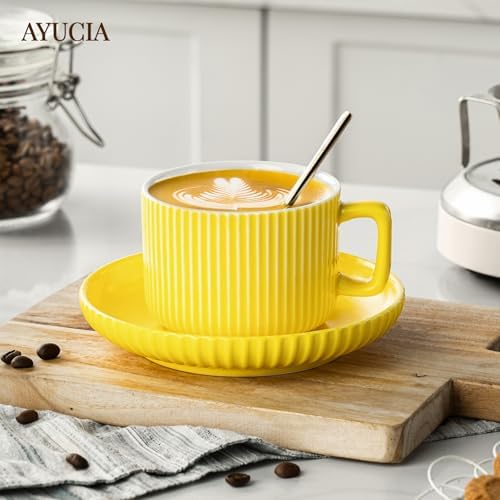 8 Ounce Cappuccino Cups Set of 4, Latte Mugs with Saucers and Spoons, Yellow Ceramic Coffee Mugs Tea Cups for Cappuccino Latte Mocha Au Lait Macchiato Cafe - Image 7