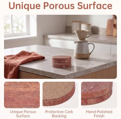 Red Travertine Coasters Set of 8, 3.9"Round Stone Drink Coasters, Cork Base - Image 3
