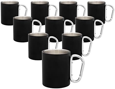 DISCOUNT PROMOS Stainless Steel Mugs with Carabiner Handle 10 oz. Set of 10, Bulk Pack - Perfect for Coffee, Soda, Other Hot & Cold Beverages - Black by DISCOUNTPROMOS