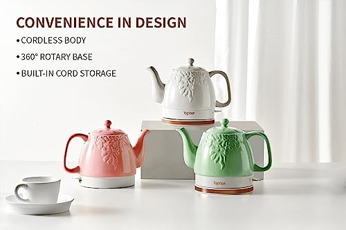 Toptier Electric Ceramic Tea Kettle, Boil Water Quickly and Easily, Detachable Swivel Base & Boil Dry Protection, Carefree Auto Shut Off, 1 L, Green Leaf - Image 5