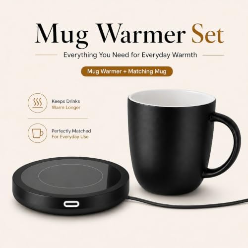 BESTINNKITS Coffee Mug Warmer & Mug Set for Desk, 14oz Ceramic Mug, Black - Image 2