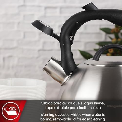 Magefesa Silver 3.1-Quart Stainless Steel Whistling Tea Kettle, Satin-Polished Exterior, Drip-Free Pouring System, Suitable for All Stovetops Including Induction, Removable Lid, Teapot - Image 3