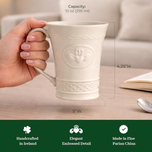 Belleek Classic Claddagh 10 oz Irish Coffee Mug Set, Handcrafted Parian China Ceramic Cups, Irish Symbol Design, Set of 2, White - Image 3