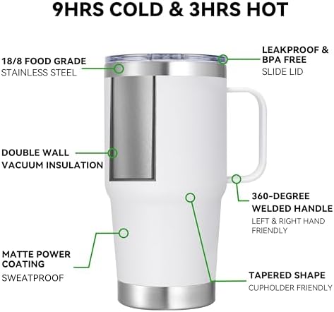 20 oz Stainless Steel Tumbler with Handle Bulk Metal Insulated Tumblers Travel Coffee Mug with Handle Double Wall Tumbler Cup with Lid and Straw, White 6 Pack - Image 3