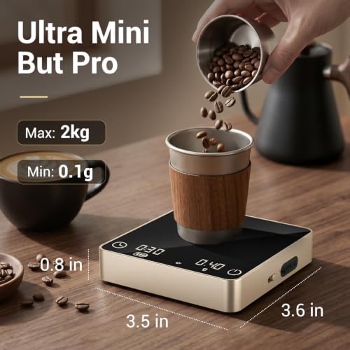 Mini Coffee Scale with Timer, 0.1g/2kg Rechargeable Espresso Scale, 4 Brewing Modes with Auto Tare and Real-Time Brew Ratio, Compact Digital Brewer for Pour-Over, Gold - Image 2