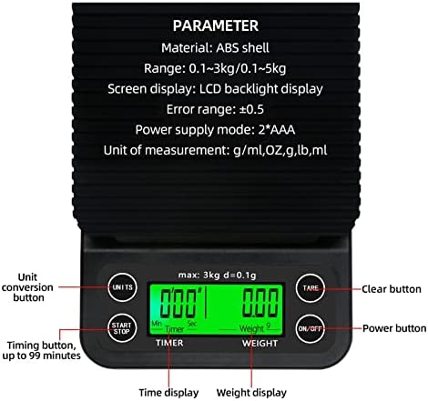 High Precision LCD Electronic Scales 3kg/0.1g 5kg/0.1g Drip Coffee Scale with Timer Portable Electronic Digital Kitchen Scale(Black 3kg 0.1g) - Image 5