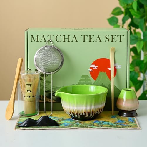 8-Piece Matcha Set - Complete Japanese Matcha Whisk & Bowl Kit with Bamboo Whisk, Sifter, Scoop & Towel – Ideal Beginner Matcha Making Set for Traditional Ceremonial Grade Matcha Tea (Spun Green) by Unknown