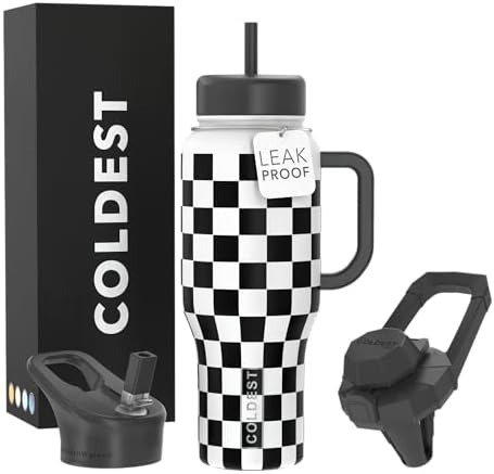 Coldest Tumbler with Handle and Straw, 100% Leak Proof Insulated Tumbler with Lid and Straw (3 Lids), Stainless Steel Tumblers for Women & Men, Cup Holder Friendly, 36 oz (Black Checkers) by Coldest