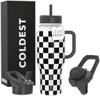 Coldest Tumbler with Handle and Straw, 100% Leak Proof Insulated Tumbler with Lid and Straw (3 Lids), Stainless Steel Tumblers for Women & Men, Cup Holder Friendly, 36 oz (Black Checkers) by Coldest