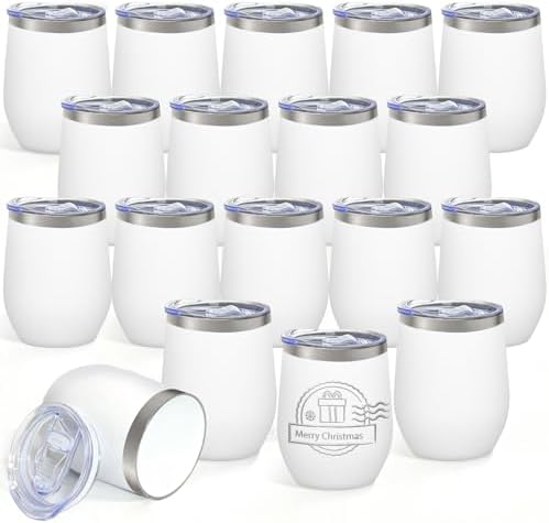 YOUKE OLA 18 Pack Stainless Steel Powder Coated Wine Tumbler with Ceramic Lining, Double-Wall Vacuum Insulated Travel Coffee Mug with Lids for Laser Engrave, DIY Gift, 12oz White by YOUKEOLA