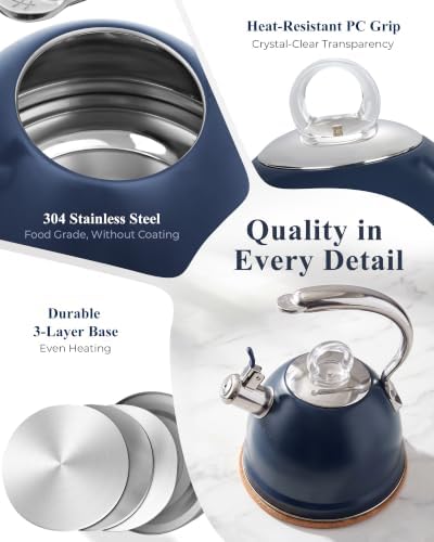 Harriet Whistling Tea Kettle for Stove Top, 2.5 QT Food-Grade Steel Teapot - Image 4