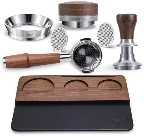 58.5mm Espresso Accessories Kit for E61 Group Head – Walnut Bottomless Portafilter, Spring-Loaded Coffee Tamper, Espresso Distribution Tool, Leather Tamping Mat, Dosing Funnel & Puck Screen by KNODOS