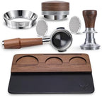 58.5mm Espresso Accessories Kit for E61 Group Head – Walnut Bottomless Portafilter, Spring-Loaded Coffee Tamper, Espresso Distribution Tool, Leather Tamping Mat, Dosing Funnel & Puck Screen by KNODOS