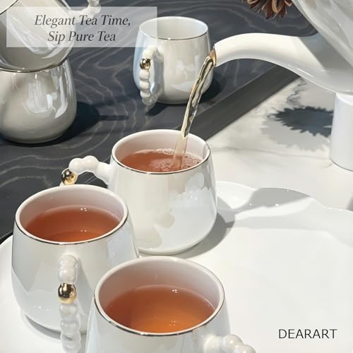 DEARART Luxury Pearl Ceramic Tea Set, 1 Teapot & 6 Cups & Serving Tray & Tea Shelf, Gold Rim Beaded Handle Porcelain Coffee Tea Service Set, Elegant White Tea Cup Set for Home, Afternoon Tea etc. - Image 2