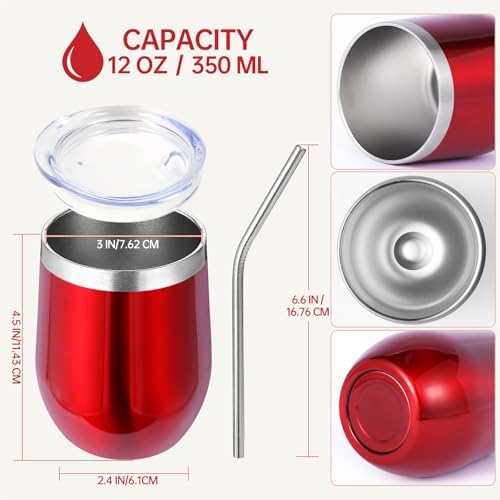 Volhoply 12oz Stainless Steel Wine Tumbler with Lid Bulk 12 Pack,Double Wall Vacuum Stemless Wine Glasses,Reusable Metal Travel Coffe Mug with Straw,Insulated Cup Gifts for Women,Christmas（Red,12 Set） - Image 2