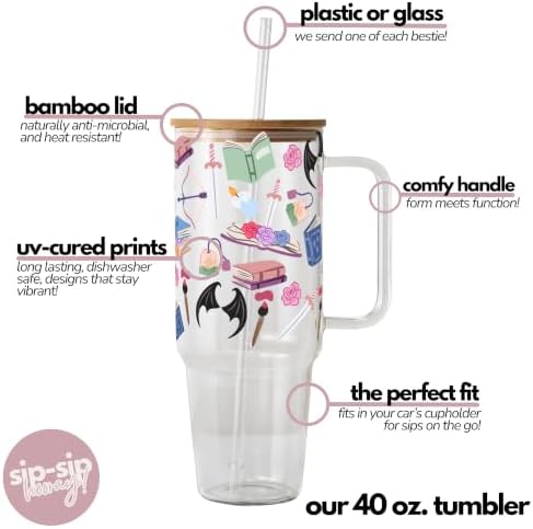 Sip-Sip Hooray! Bat Fantasy Bookish 40oz Glass Tumbler with Handle, Lid and Straw, Romantasy Fae Reader Iced Coffee Cup, Bat Wings Roses Daggers Book Lover Tumbler - Image 4