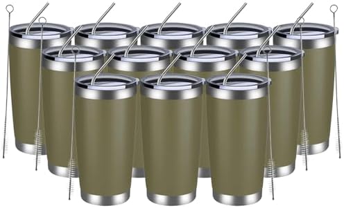 MEWAY 20oz Tumbler 12 Pack Double Wall Vacuum Insulated Travel Mug Bulk, Stainless Steel Tumblers with Lid and Straw, Durable Powder Coated Coffee Cups for Cold & Hot Drinks (Army Green, 12) by MEWAY