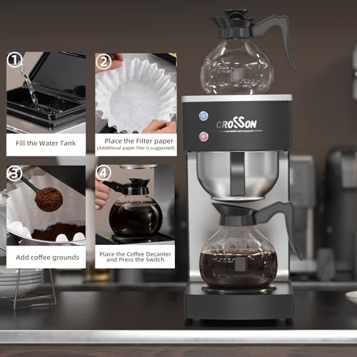 crosson 12 Cup Commercial Drip Coffee Brewer with Upper and Lower Warmer & 2 Glass Decanter,Pour Over Coffee Maker with Easy Clean Fingerprint Free Housing and 304 Stainless Steel Funnel - Image 3