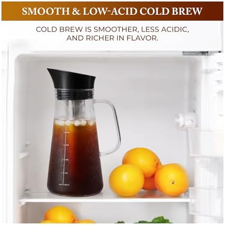 Glass Cold Brew Coffee Maker 1L/33oz - Borosilicate Glass Pitcher with Stainless Steel Filter, No Plastic Taste, Airtight Lid & Ergonomic Handle, Fits Fridge Door, Iced Coffee & Tea Maker - Image 4