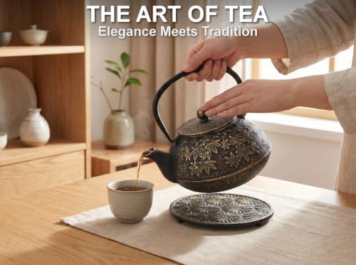 40 Oz Black Maple Leaf Cast Iron Teapot, Enamel Interior, Infuser & Trivet - Image 2