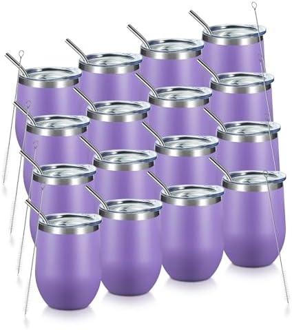 COMOOO Stainless Steel Wine Tumbler Glass Bulk with Lid and Straw 12oz Double Wall Vacuum Insulated Travel Tumbler Cup Stemless for Coffee Wine Cocktails Ice Cream Cup,Purple, 16 pack by COMOOO