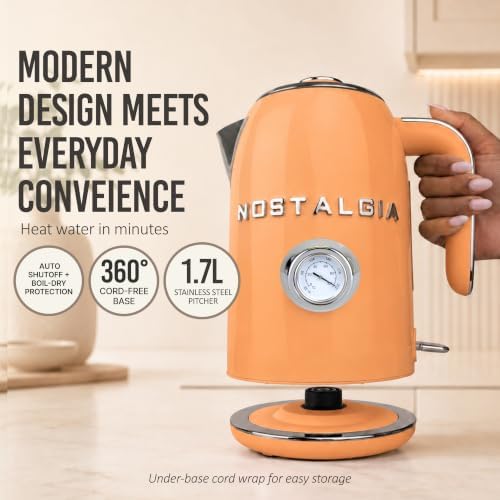 Nostalgia Retro Electric Kettle,1.7L Enamel-Coated Stainless Steel - Orange - Image 2