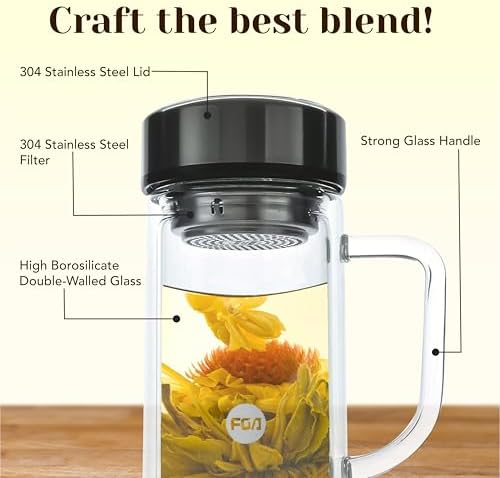Amruta 13oz/380ml Glass Infuser Bottle Tea Tumbler w/Handle, Double-Walled Borosilicate Glass for Loose Leaf Tea & Coffee,304 Stainless Steel Lid & Strainer, Heat Resistant & Leak-Proof - Image 2