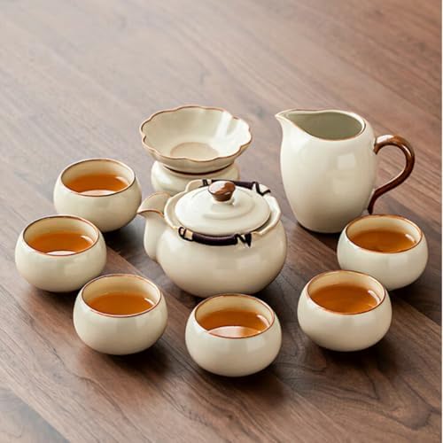 Ceramics Ru Kiln Crackled Glaze Teapot Hand Held Teapot 9pc Set, 300ml 10.1oz, Brew Tea Receive Guests Kungfu Tea Set by Unknown