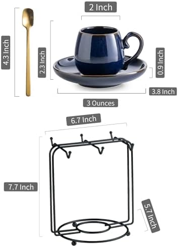 LYEOBOH 3 Ounce Espresso Cups Set of 6, Ceramic Small Coffee Cups with Saucers, Cute Demitasse Cups and Metal Stand with Spoons for Great Gift, Mini Cafe Cup for Espresso, Mocha, Tea - Cobalt Blue - Image 2