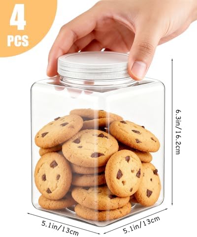 Plastic Storage Jars, 4 Pack Square Wide Mouth Containers with Screw Cap Lids, Transparent Moisture Proof Food Canisters, Clear Pantry Storage Jars (5.1 x 5.1 x 6.3 Inches) - Image 2
